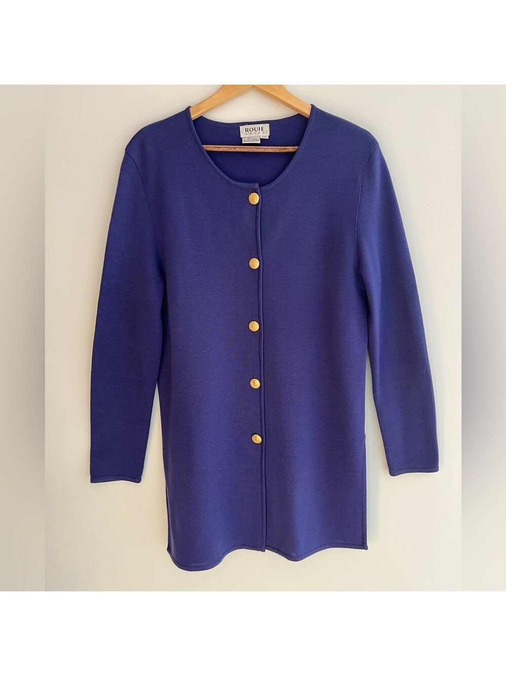 VINTAGE Rouie Knit Cardigan Tunic Gold Buttons Side Slits Layer Made Hong Kong